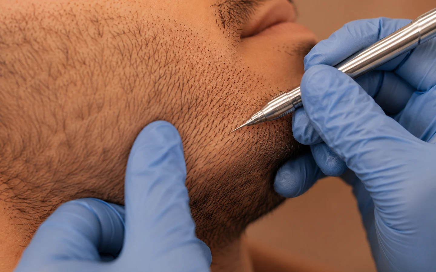 A follicle being placed into the beard line with an implanter pen