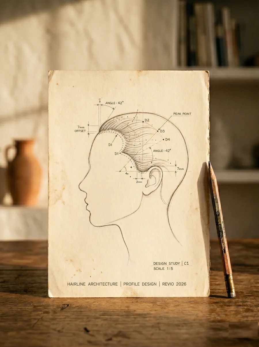 Hand-drawn hairline architecture study on aged parchment — angles and reference points marked for a profile view